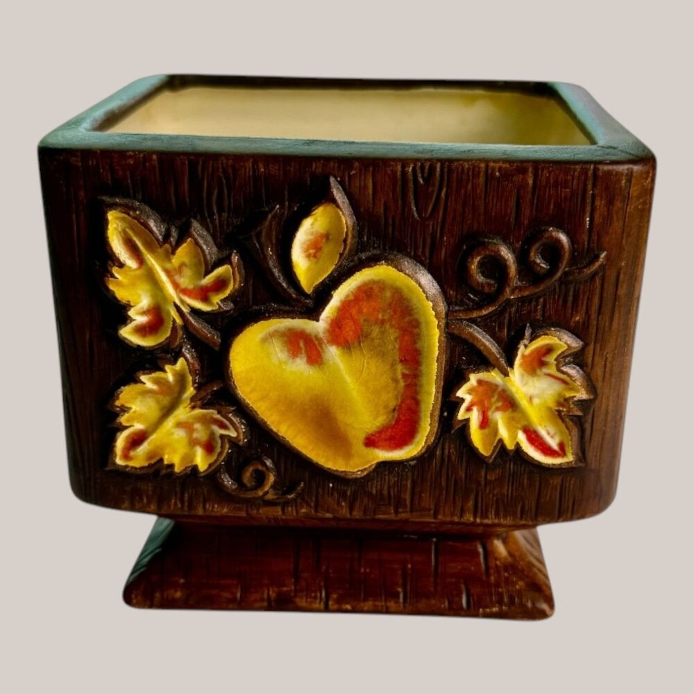 Treasure Craft Square Ceramic Planter Featuring Faux  Woodgrain Texture 4in